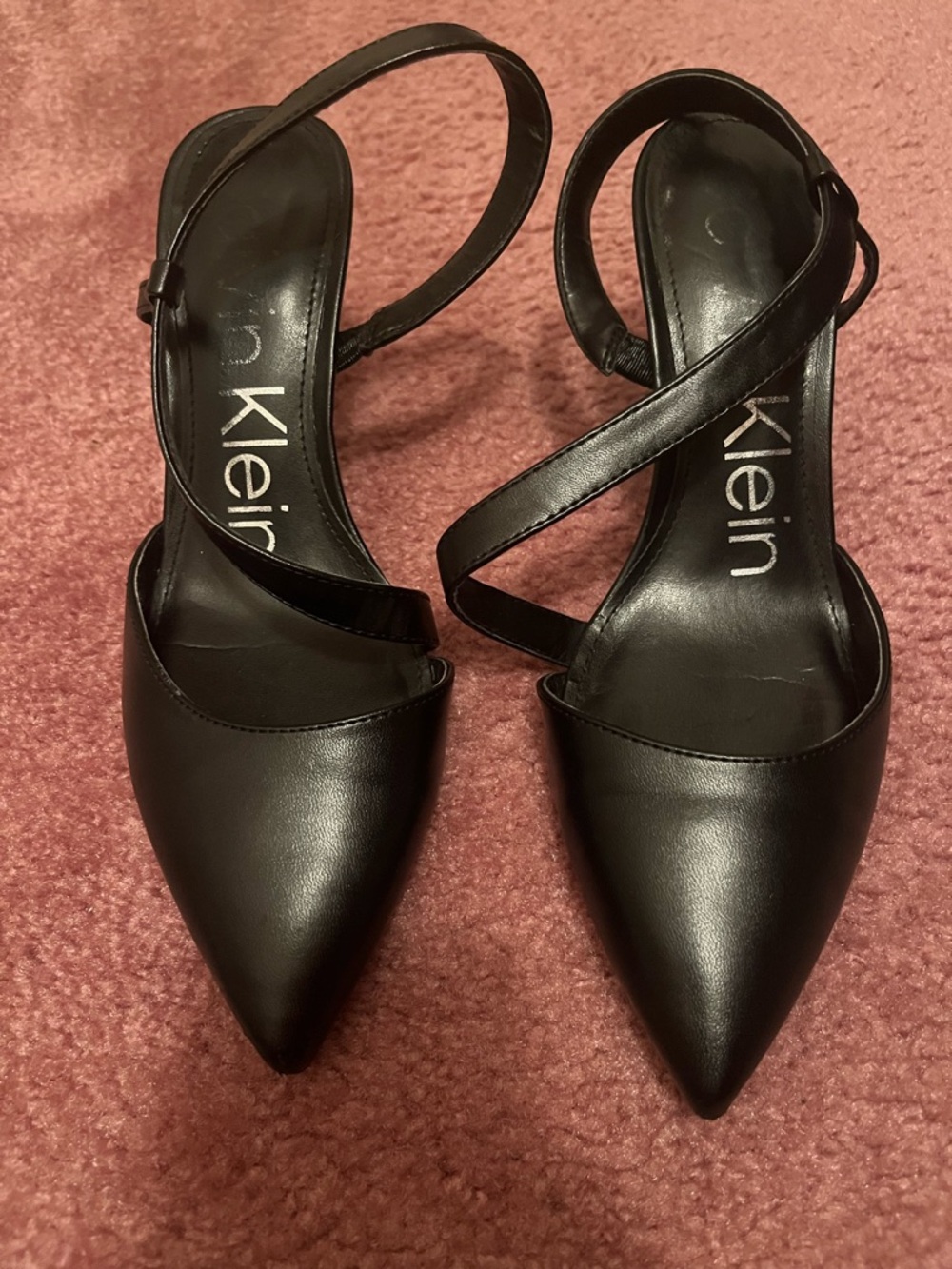 Calvin Klein Black Pointed Toe Cross-Strap Slingback Heels